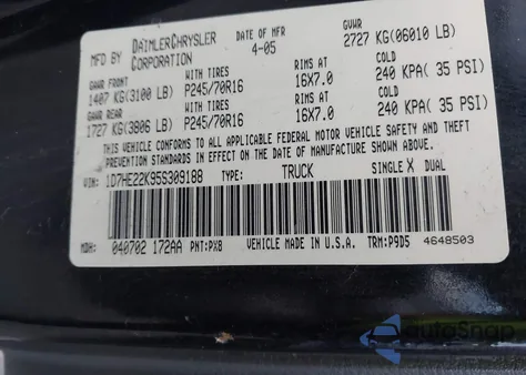 2005 Dodge Dakota St из США, поврежденный, VIN 1D7HE22K95S309188